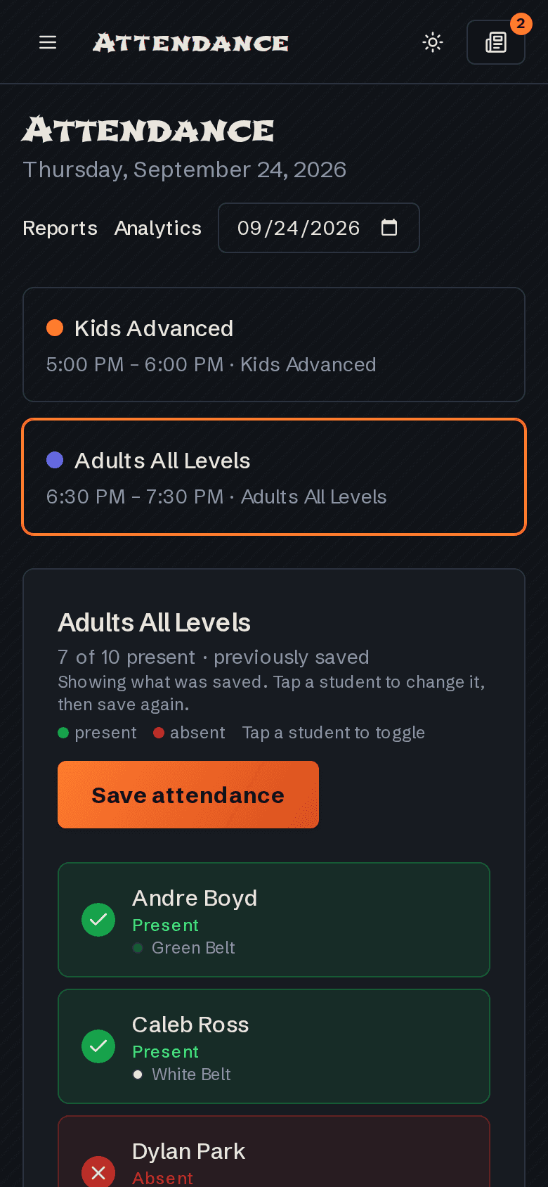 Dojo Forge mobile attendance screen with one-tap present and absent marks for each student in class